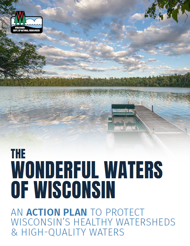 Decorative cover for the Healthy, Watersheds, High-Quality Waters Action Plan with a photo of a boat docked on a lake with cumulus clouds.