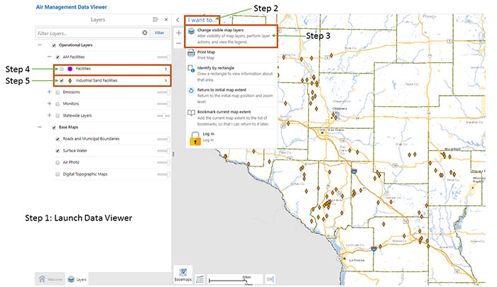 Illustration of Steps 1-5 to view industrial sand mining locations in the Air Management Data Viewer