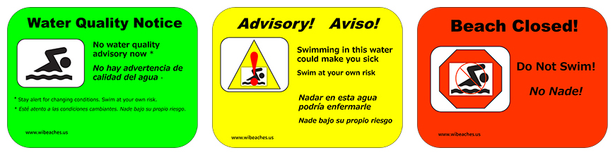 Beach health signs you may see at swimming beaches.