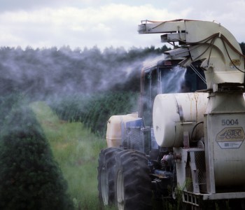 Machinery spraying pesticide on rows of Christmas trees at tree farm near Wautoma.