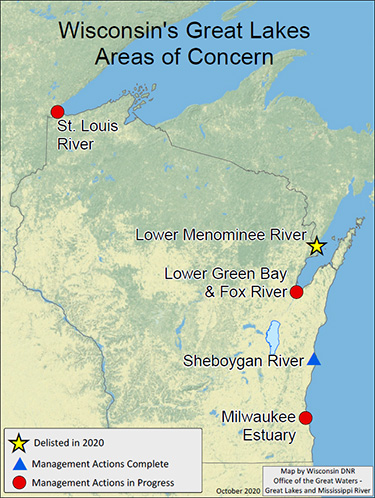 Map showing locations of Wisconsin's Great Lakes Areas of Concern. Delisted in 2020 marked with a yellow star is Lower Menominee River. Management Action completed marked with a blue triangle is Sheboygan River. Management Actions in Progress marked with red circle are St. Louis River, Lower Green Bay & Fox River and Milwaukee Estuary.