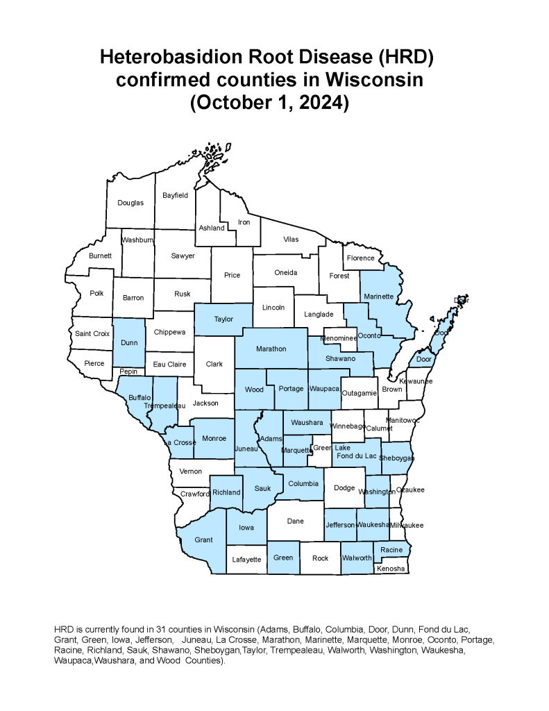 A map. HRD is currently found in 31 counties in Wisconsin (Adams, Buffalo, Columbia, Door, Dunn, Fond du Lac, Grant, Green, Iowa, Jefferson, Juneau, La Crosse, Marathon, Marinette, Marquette, Monroe, Oconto, Portage, Racine, Richland, Sauk, Shawano, Sheboygan,Taylor, Trempealeau, Walworth, Washington, Waukesha, Waupaca, Waushara and Wood Counties).