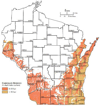 Areas with carbonate bedrock within 50 feet of the land surface are particularly vulnerable to groundwater contamination.