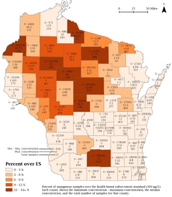 Map of Wisconsin counties showing manganese contamination over the health based enforcement standard of 300 mg/L. 