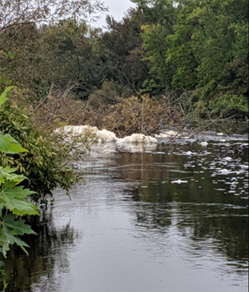 PFAS foam observed on Peshtigo River, Peshtigo, WI.