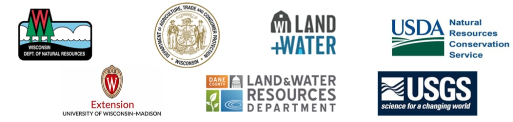 The image features a collection of eight logos belonging to different organizations. The logos are arranged in two rows. The top row includes logos for the Wisconsin Department of Natural Resources, the Wisconsin Department of Agriculture, Trade and Consumer Protection, WI Land+Water, and the USDA Natural Resources Conservation Service. The bottom row includes the University of Wisconsin-Madison Extension, Dane County Land and Water Resources Department, and USGS.