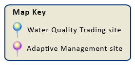 Map key showing blue pins for Water Quality Trading sites and purple pines for Adaptive Management sites.