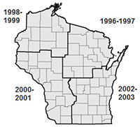 A map of Wisconsin, divided into sections based on the year in which aerial photos were taken.