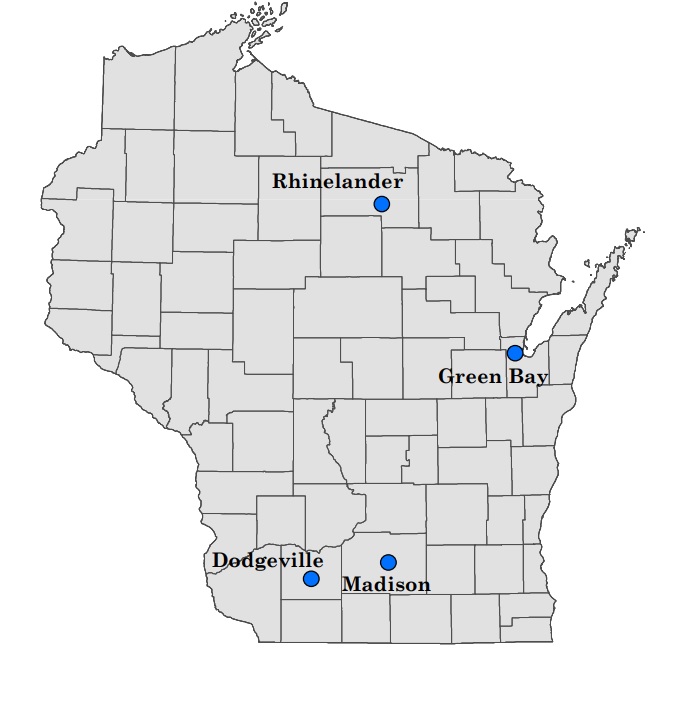 Map of Wisconsin showing DNR office locations