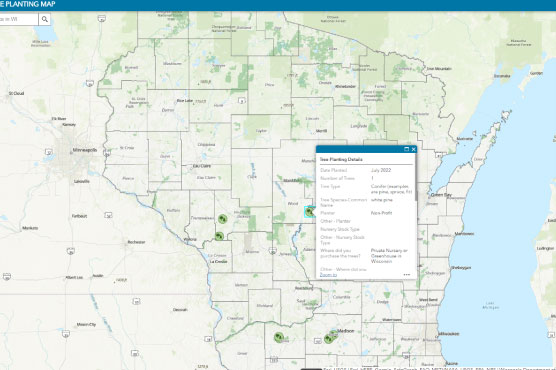 A screenshot of the Tree Planting Map application.